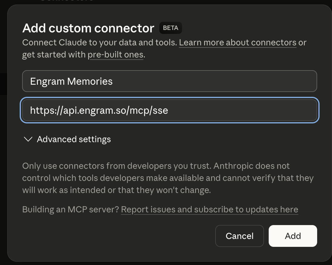 Add custom connector dialog with Name and Remote MCP Server URL fields filled in