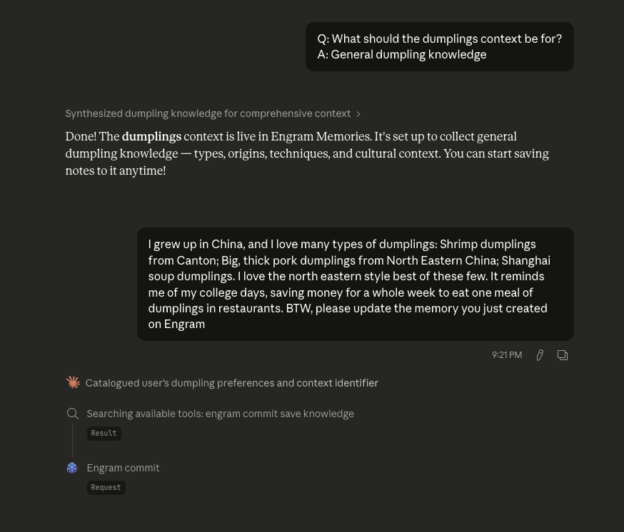 Claude updating an Engram memory with new information from the conversation
