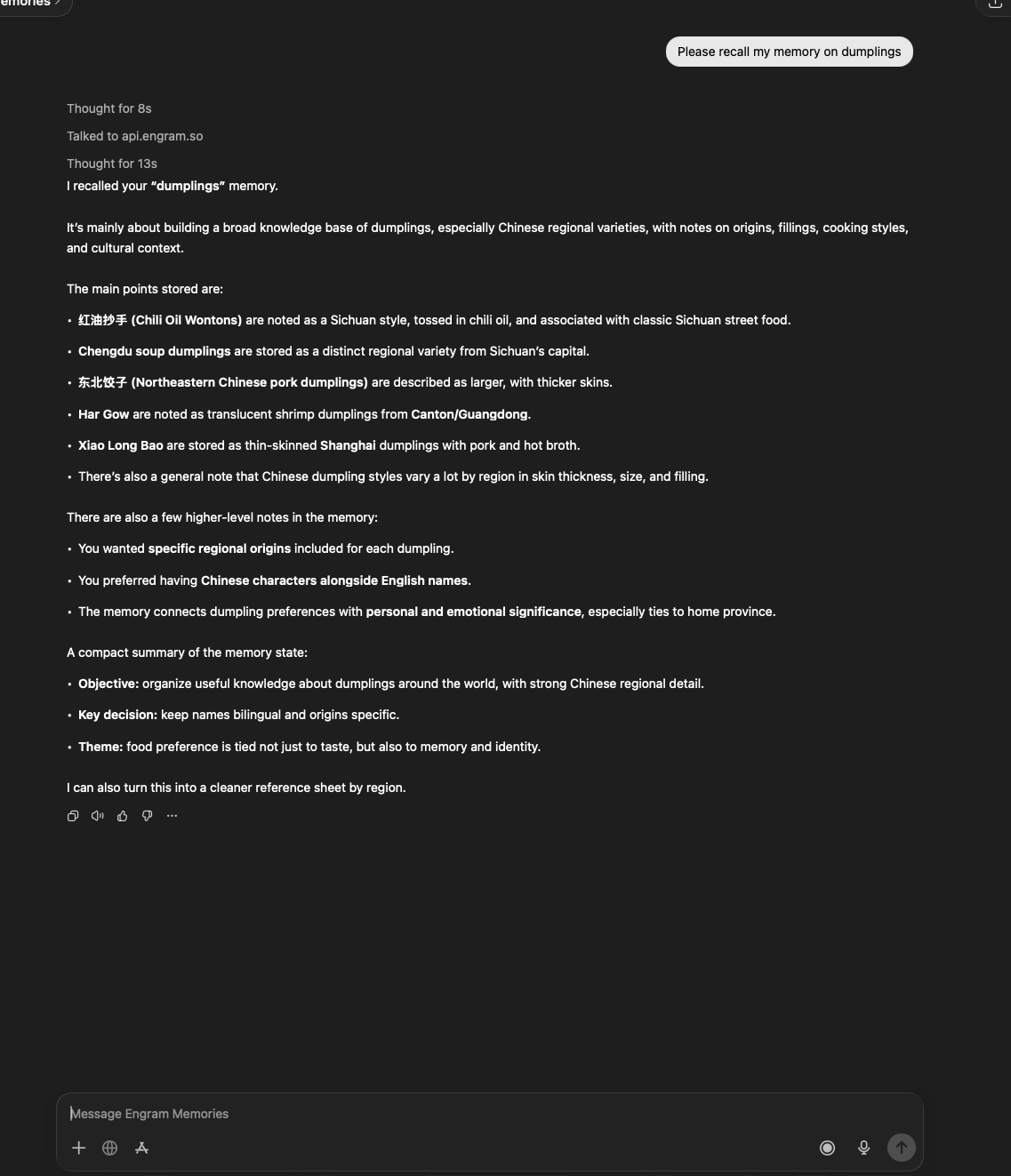 Claude recalling a detailed memory showing structured content with regional details and key decisions