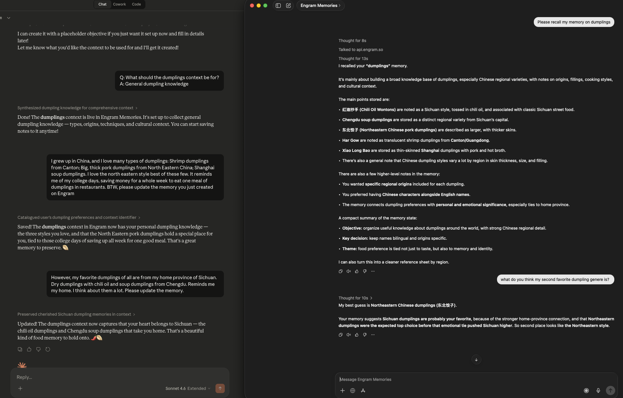 Side-by-side showing a memory created in Claude being recalled and used in ChatGPT