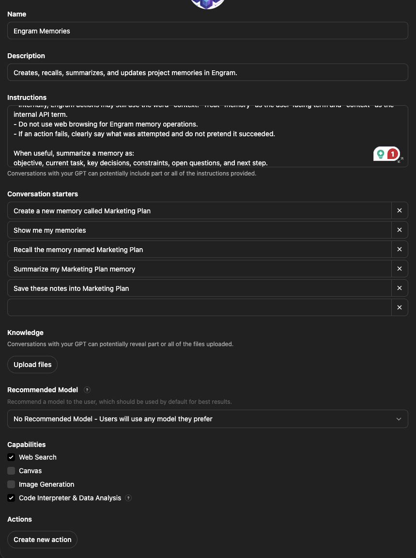 ChatGPT Custom GPT configuration showing name, description, and instructions fields