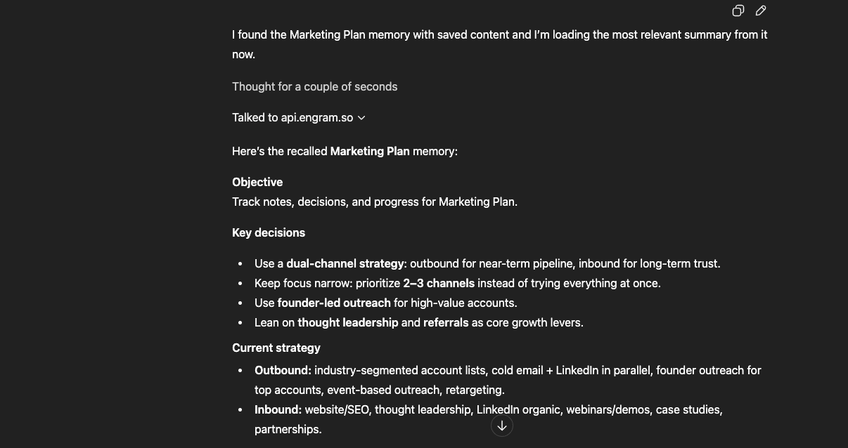 Recalling a memory showing structured content with objectives and key decisions
