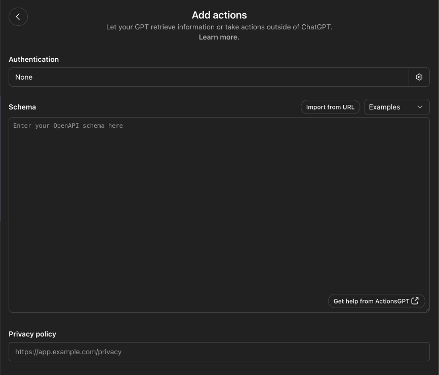 Empty Add Actions screen in ChatGPT GPT editor