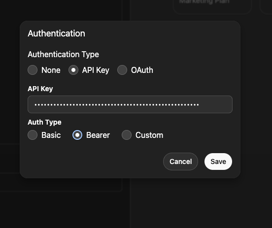 Authentication dialog showing API Key selected with Bearer auth type