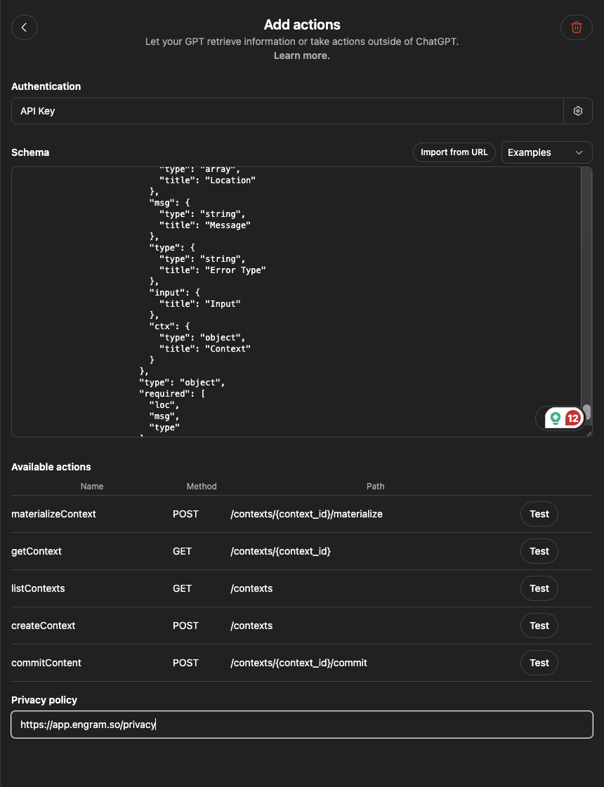 Schema imported with Available Actions showing materializeContext, getContext, listContexts, createContext, and commitContent