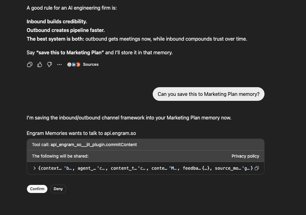 Saving content to memory with API confirmation dialog
